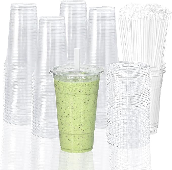 TashiBox 100 sets 24 oz plastic cups with flat lids and straws, smoothie cups with lids and straw... | Amazon (US)