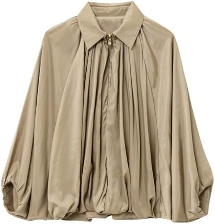 Womens Puffed Bomber Jacket Casual Batwing Sleeve Lapel Collar Zip Shirts Oversized Pleated Stree... | Amazon (US)