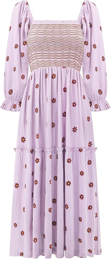 R.Vivimos Women's Long Sleeve Cotton Boho Midi Dress Vintage Square Neck Floral Embroidered Tiere... | Amazon (US)