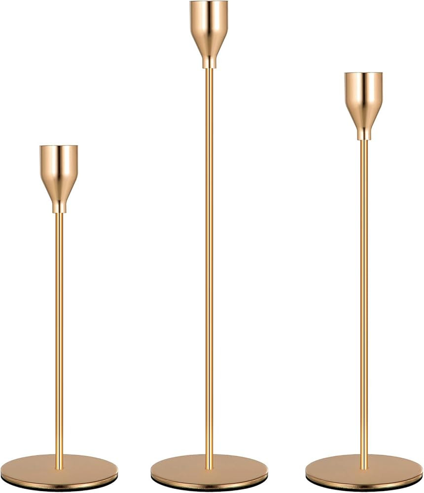 Denique Candle Holders, Set of 3, Taper Candle Holders for Candlesticks, Wedding Decorations Table Centerpieces for Wedding, Dinning, Party, Interior Decorating (French Gold) | Amazon (US)