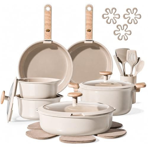 CAROTE 25 Pcs Ceramic Cookware Sets, Pots and Pans Set Non Stick, Detachable Handle, Induction & Oven Safe, Stackable Space - 70% Saving, Cookware Non Stick Cooking Set, Taupe (PFOS, PFOA Free) | Amazon (US)