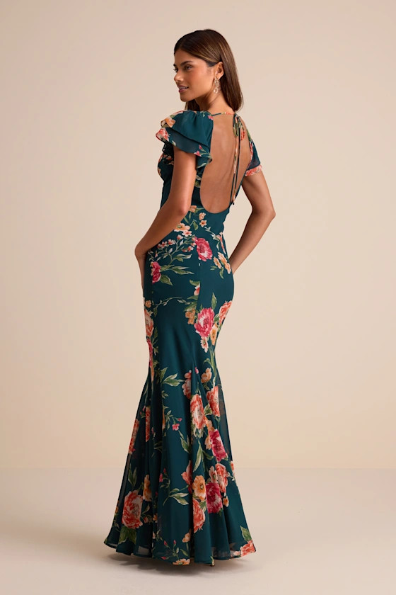 Resme Emerald Floral Flutter Sleeve Mermaid Maxi Dress | Lulus