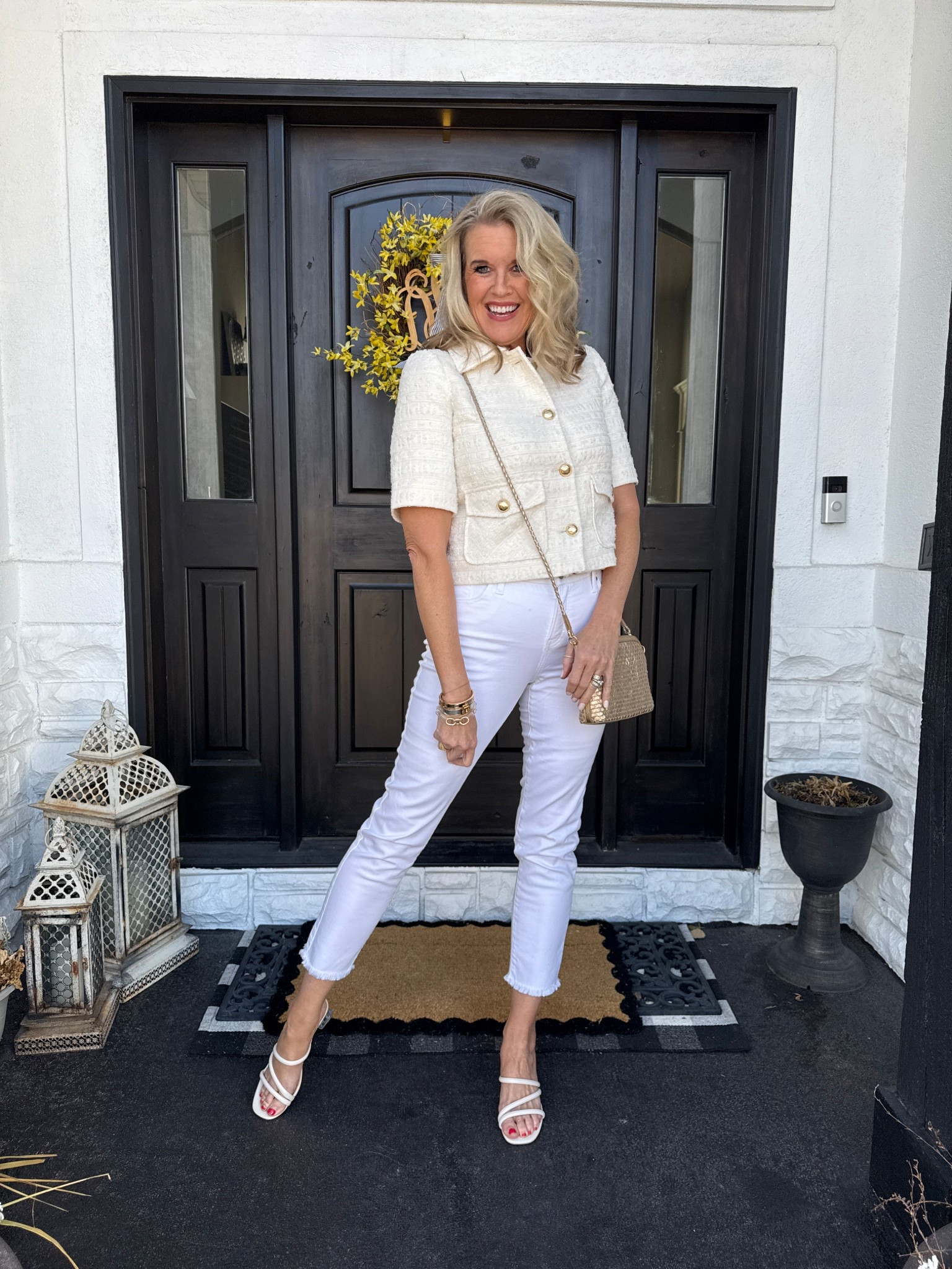 Ladies jacket - beautiful quality 
Fits true to size and looks very designer. Fully lined 

No stain Girlfriend slim straight leg white jeans with frayed hem. Fits true to size. I am in a Chicos size 0 (4)

Gold weave bag adjustable strap and can be a clutch as well
White straps candles with acrylic block heel

Gold hoop earrings| gold and stack clear bracelets 



#LTKSaleAlert #LTKStyleTip #LTKOver40