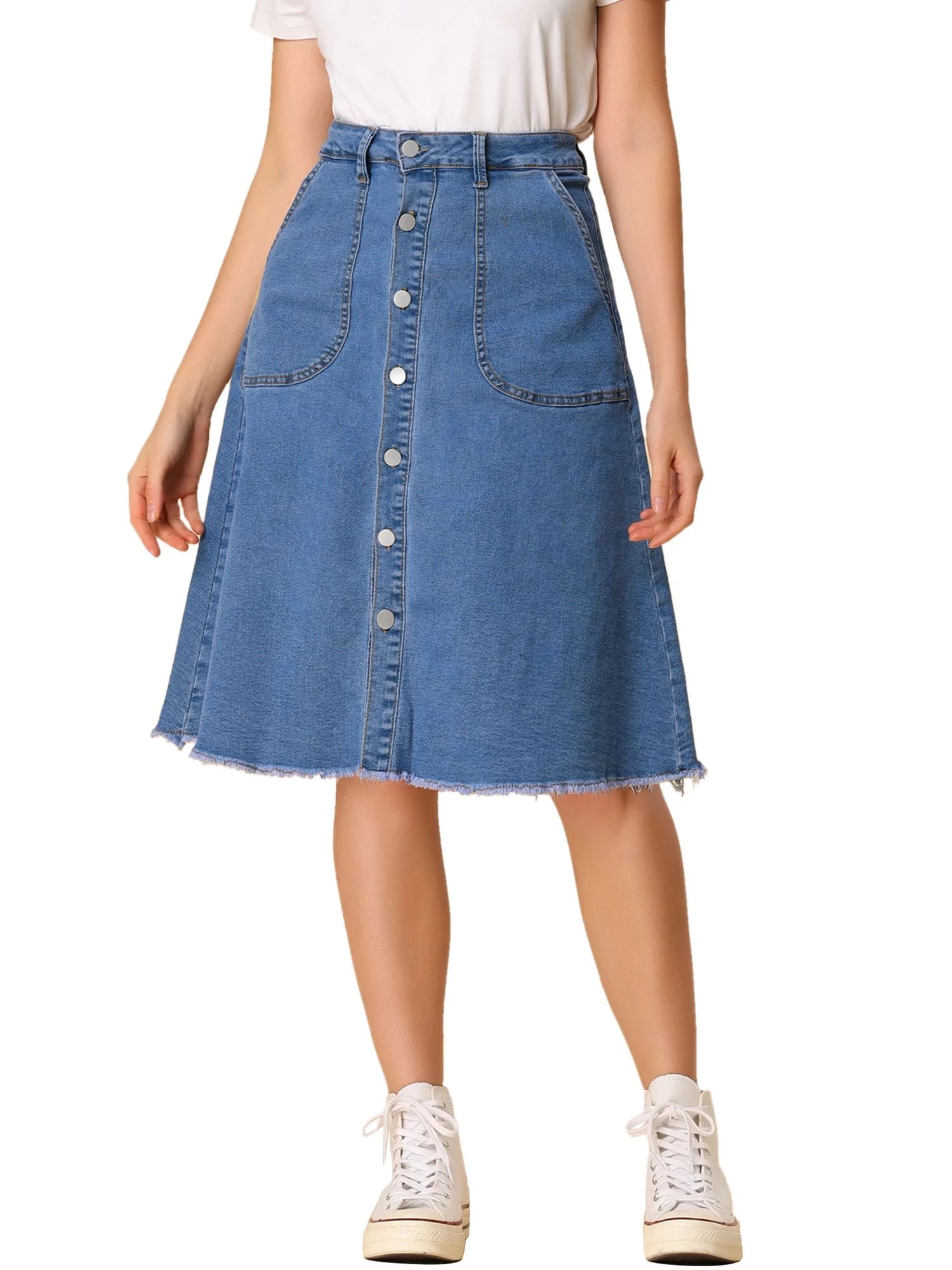 Allegra K Women's Denim Skirt Raw Hem Button Down A-Line Midi Jeans Skirts | Walmart (US)