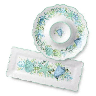 Sea Glass Melamine 2‑Piece Appetizer Set, coastal chip‑and‑dip tray 14.5 inches and rectangular platter 19 x 8 with ocean greenery motifs, ideal for s | Wayfair North America