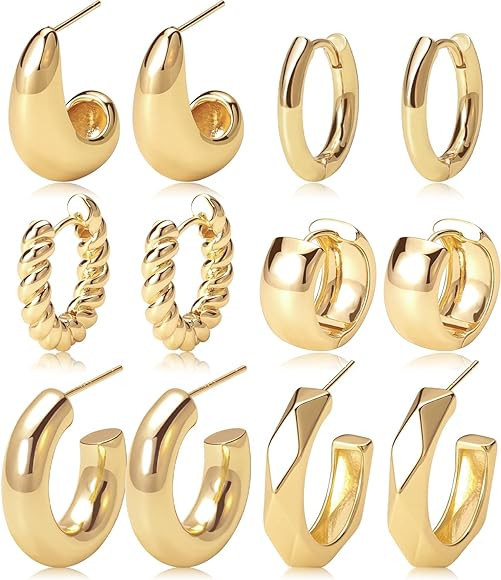 Gold Hoop Earrings Set 14k Real Gold Plated Huggie Earrings Hypoallergenic Chunky Twisted Thick J... | Amazon (US)