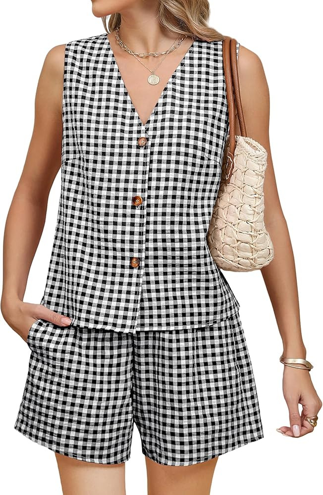 Blooming Jelly Women's Summer Two Piece Sets Vacation Outfits Matching Short Sets Linen Gingham V... | Amazon (US)