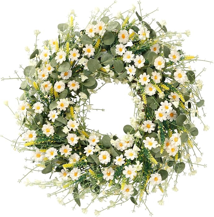 Sggvecsy White Daisy Wreath 24 Inch Spring Summer Wreath Fake Silk Floral Wreath with Green Eucal... | Amazon (CA)