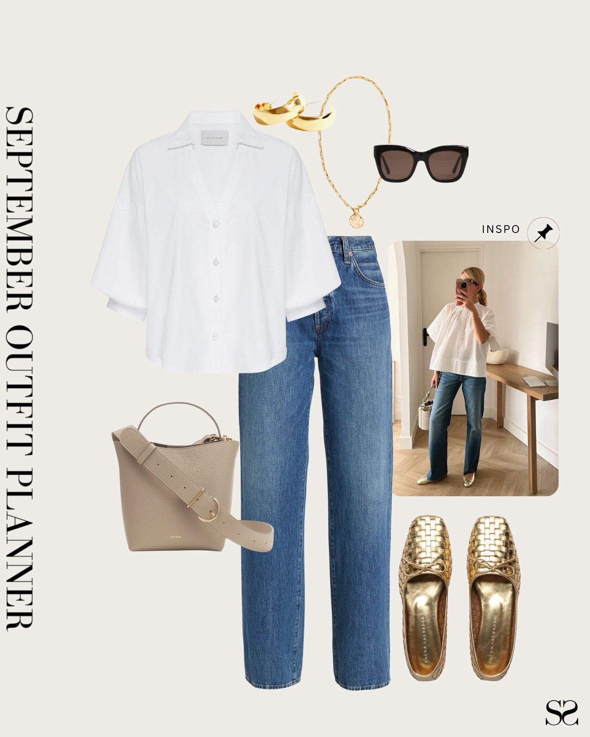 Monthly outfit planner SEPTEMBER: Summer to Fall outfits | white blouse, straight jean, gold flats, nude leather tote 

#summertofall #transitionalstyle #falloutfit #casualstyle 

Inspo image credit: Pinterest 

#LTKStyleTip