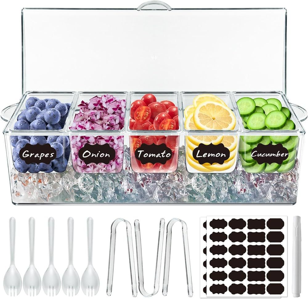 Chilled Condiment Server Tray, Bar Fruit Caddy with Lid and 5 Removable Compartments, Clear Ice C... | Amazon (US)
