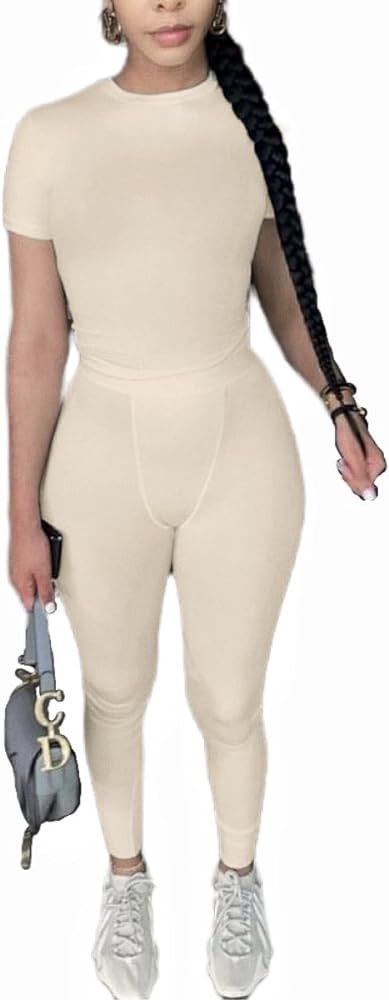 AYWA Two Piece Outfits for Women Fitted Crew Neck T-shirt High Waist Leggings Biker Shorts Matchi... | Amazon (US)