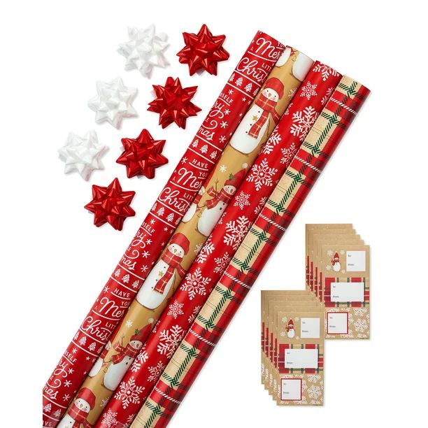 American Greetings Christmas 41-piece Gift Wrap Ensemble with Tags, Bows, Red, Green and Tan, Sno... | Walmart (US)