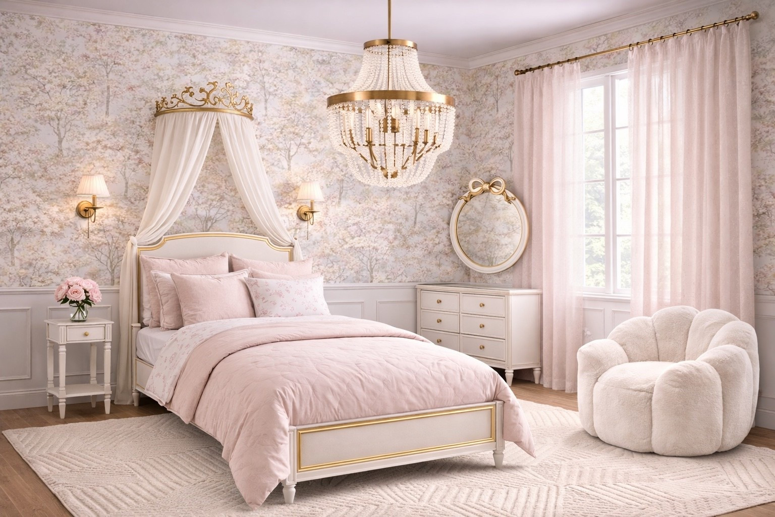 This soft pink girl bedroom is the perfect blend of elegance and comfort, featuring gold accents, shimmer tulle curtains, and a statement bow mirror. The floral wallpaper paired with classic wall molding creates a timeless, high-end look while keeping the space dreamy and feminine. Perfect inspiration for a girls bedroom, nursery, or teen room with a soft luxury aesthetic.

#LTKKids #LTKHome #LTKU