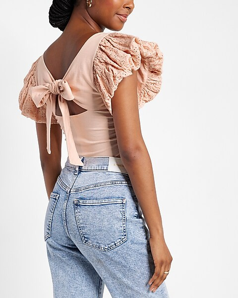 Square Neck Eyelet Sleeve Tie Back Tee | Express