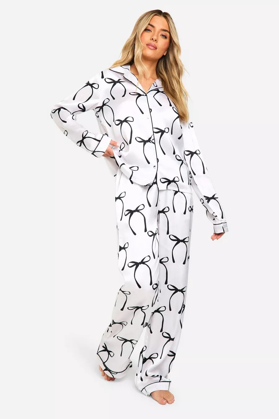 Bow Print Satin Button Through Shirt & Trouser Pyjama Set | boohoo (US & Canada)