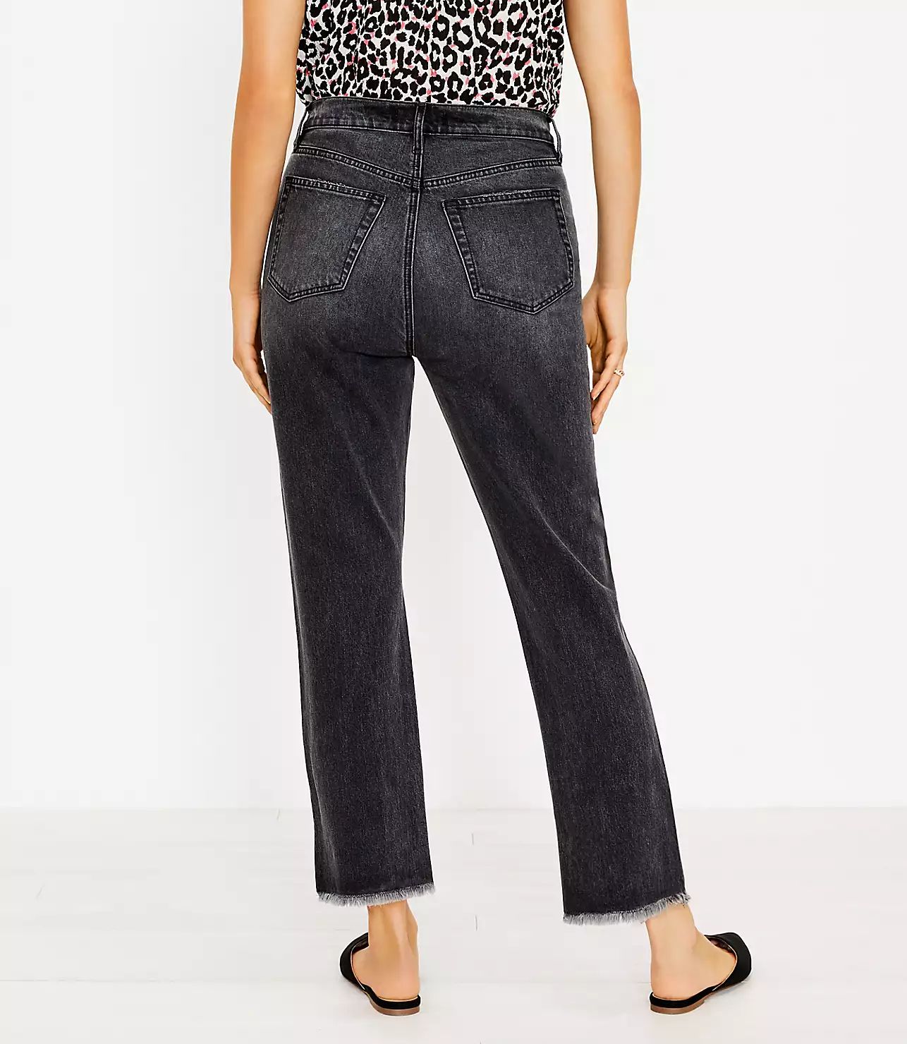 Curvy Destructed High Rise Straight Crop Jeans in Washed Black Wash | LOFT