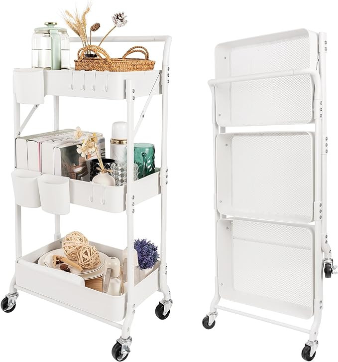 3-Tier Folding Rolling Utility Cart with Wheels, Foldable Storage Cart Organizer with 3 Hanging C... | Amazon (US)
