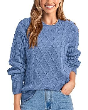 BTFBM Women's Long Sleeve Cable Sweater Crew Neck Button Shoulder Oversized Casual Fall Winter Kn... | Amazon (US)