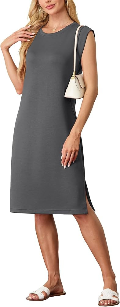 GRECERELLE 2026 Women Summer Round Neck Casual Loose Split Wrinkle-Free Midi Dress with Pockets (... | Amazon (US)
