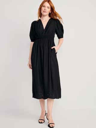 Waist-Defined V-Neck Shirred Midi Dress for Women | Old Navy (US)