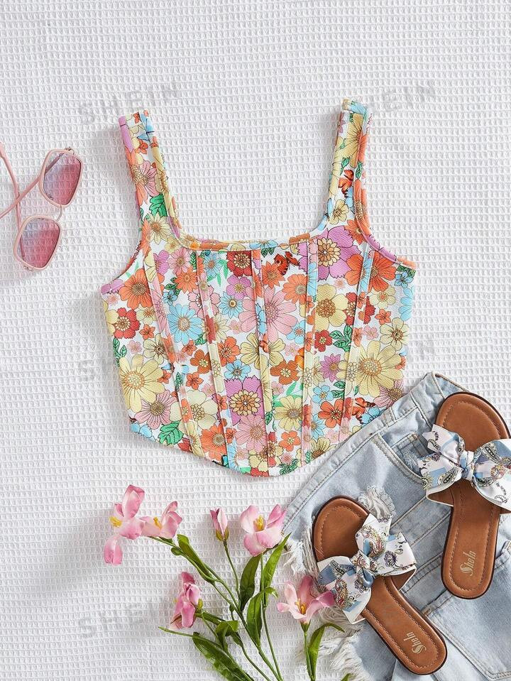 SHEIN WYWH Floral Print Hanky Hem Tank Top | SHEIN