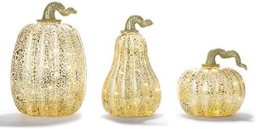 LampLust Gold Pumpkin Centerpiece with LED Lights - Set of 3, Mercury Glass Style, Fall, Autumn, ... | Amazon (US)