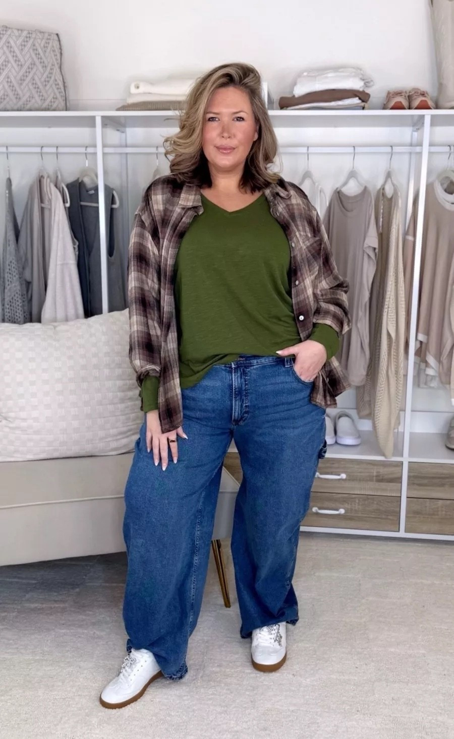 Wearing a 20W in the carpenter jeans, 3X in the plaid top and 2X in the green top! Size up in both!

Plus size fashion, Walmart fashion, affordable fashion, winter outfit ideas, winter layers, midsize fashion, midsize fashion, ootd, mom style

#LTKMidsize #LTKPlusSize #LTKOver40