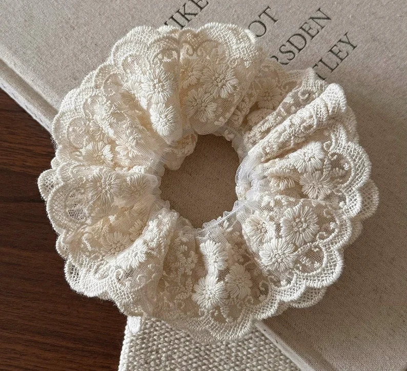 Flower Lace Tirm Scrunchies Hair Tie Scrunchie, Hair Ties Cute Ponytail Holder, Cream Hair Scrunc... | Etsy (US)