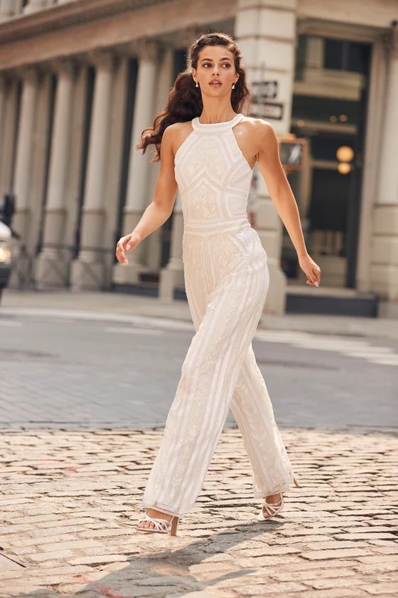 Tell Me Everything White Beaded Sequin Wide-Leg Jumpsuit | Lulus (US)