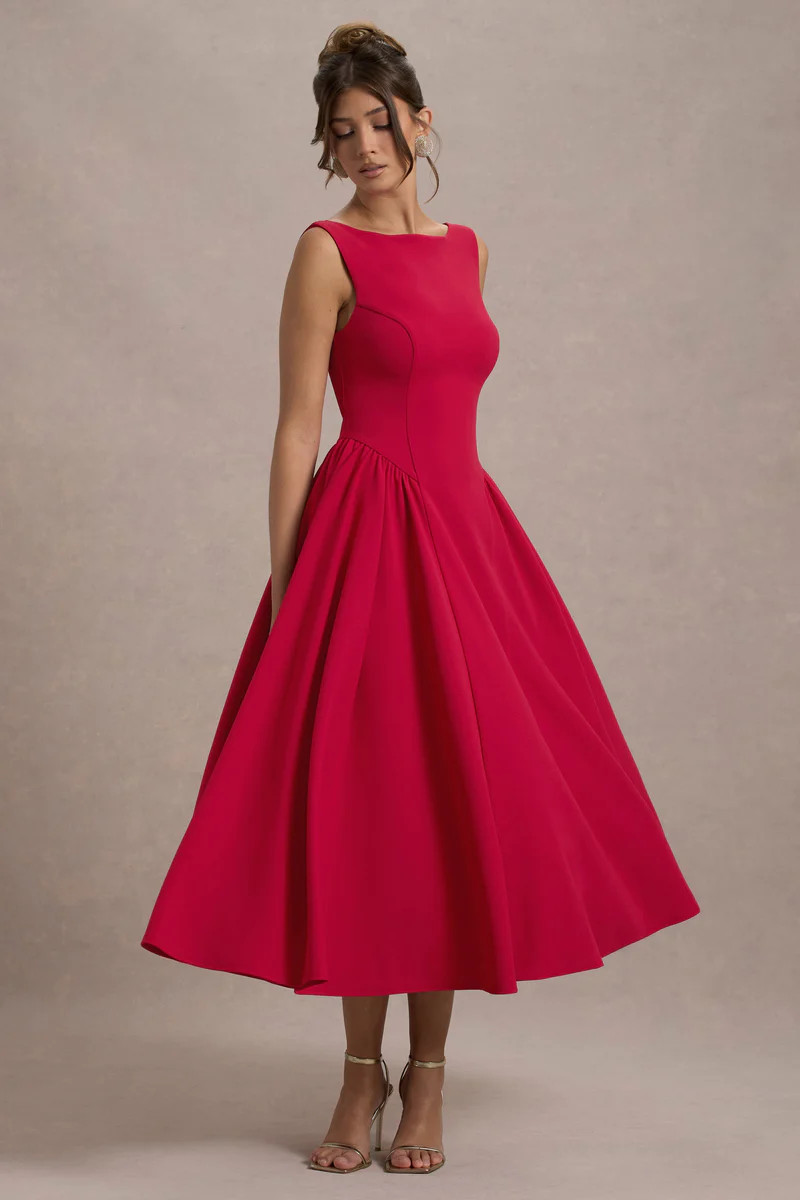 Muriel  Red Boat-Neck Volume-Hem Midi Dress | Club L London