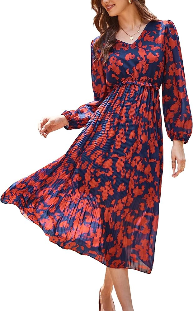 GRACE KARIN Womens 2023 Boho Floral Maxi Dress V Neck Long Sleeve Casual Ruffle Smocked A-line Pl... | Amazon (US)