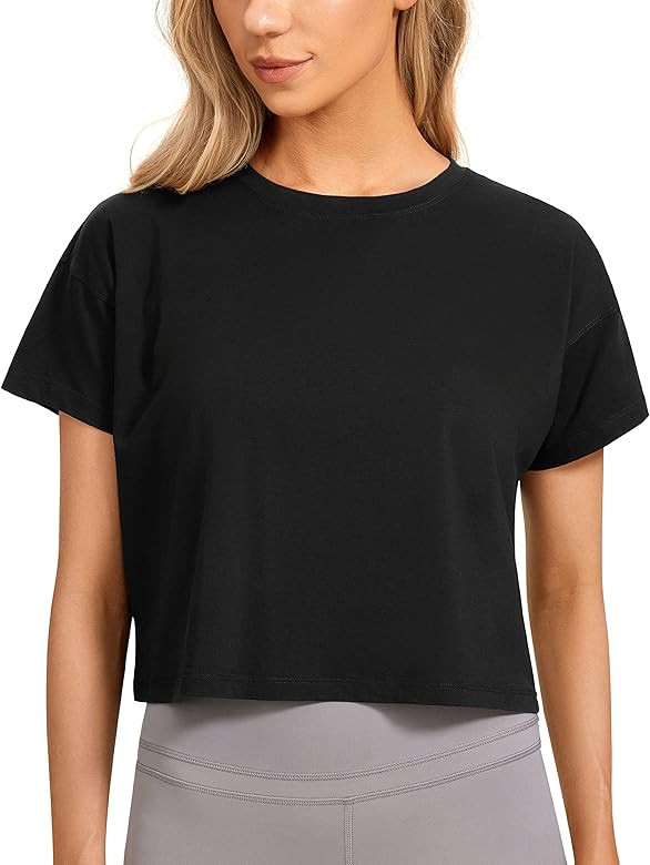 CRZ YOGA Women's Pima Cotton Workout Short Sleeve Shirts Loose Crop Tops Athletic Gym Shirt Casua... | Amazon (US)