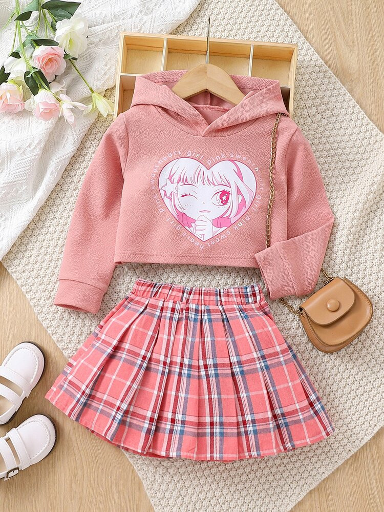 Toddler Girls Letter And Heart Print Hoodie & Tartan Pleated Skirt | SHEIN