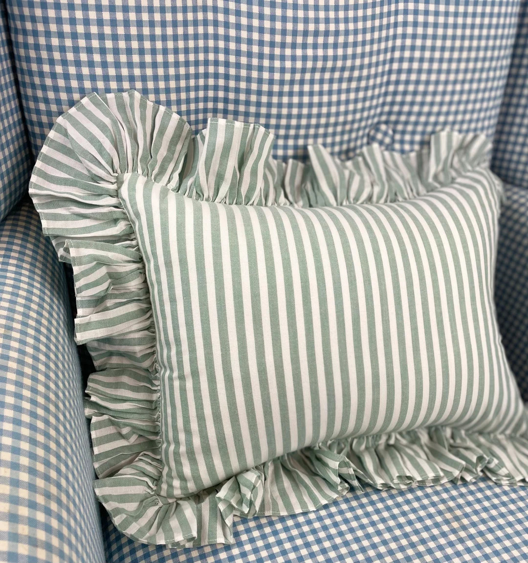 Ruffle Sage Green Stripe Cotton Mini Cushion - Etsy | Etsy (US)