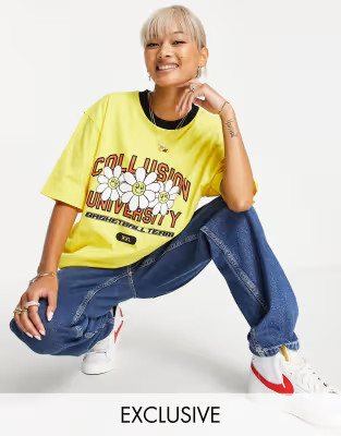 COLLUSION varsitiy ringer flower t-shirt in yellow | ASOS (Global)