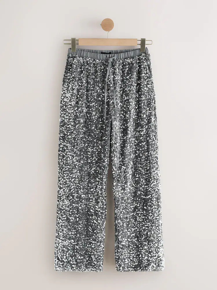 Silver Sequin Velvet Wide Leg Trousers | Next US