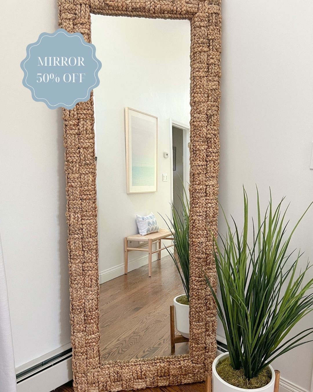 This floor mirror was definitely a splurge for me, but with cathedral ceilings in our primary bedroom I needed a substantial mirror for the correct scale. The quality is top-notch, and it’s more than 50% off! I also linked a few additional mirrors that I love, at various price points.
------ 
Coastal home decor, coastal style, primary bedroom decor, coastal bedroom ideas, coastal mirror, woven floor length mirror, neutral home decor, neutral mirror, beach house mirror, beach house bedroom decor, beach home style, coastal decorating, coastal interiors, indoor entryway bench, wood floor mirror, primary bedroom decor, coastal mirrors, woven mirrors, statement mirrors, coastal floor mirror, large floor mirror, floor mirror on sale, wayfair mirror, serena and lily look for less, Water Hyacinth mirror, beach house bedroom, framed mirrors

#LTKHome #LTKSaleAlert