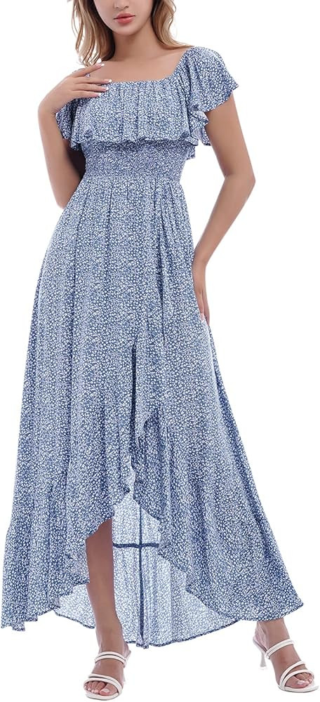 Womens Boho Floral Off The Shoulder Maxi Dress Flowy Smocked Slit Summer Beach Dresses | Amazon (US)