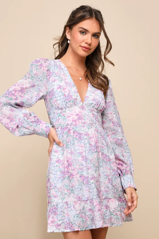 Lovable Poise White Multi Floral Long Sleeve Skater Mini Dress | Lulus