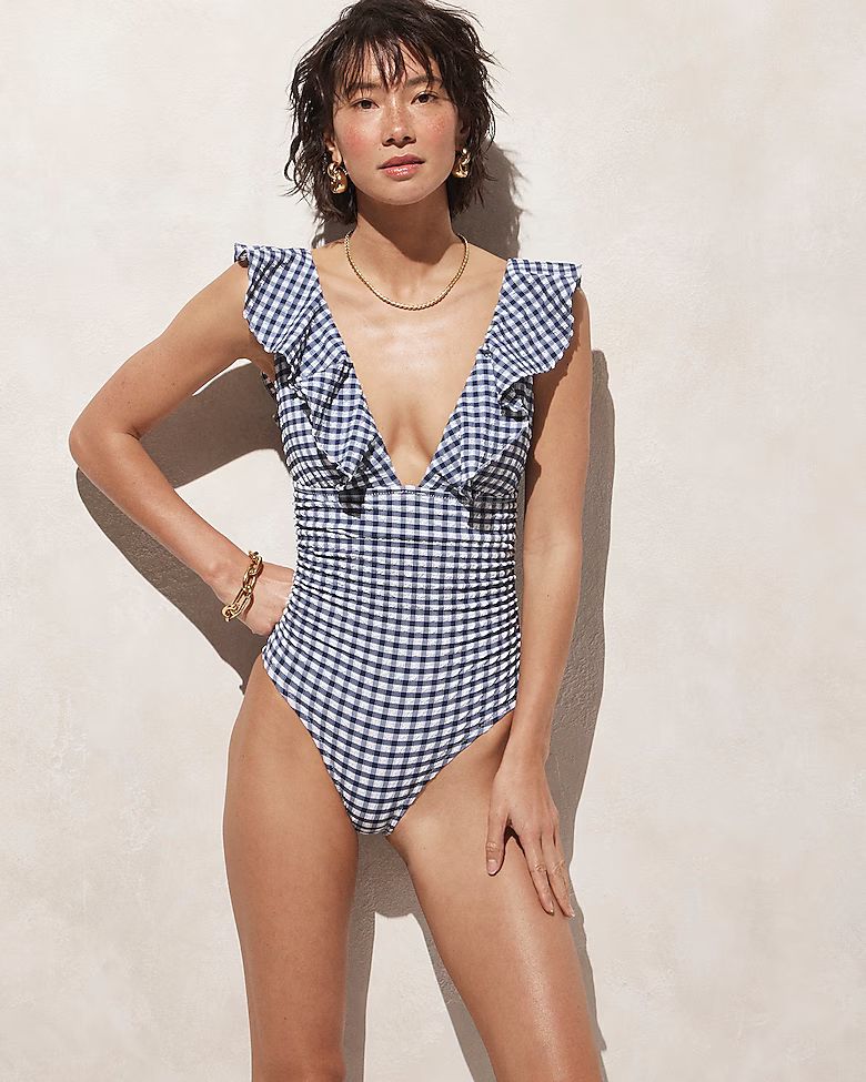 Ruched ruffle one-piece swimsuit in gingham | J.Crew US