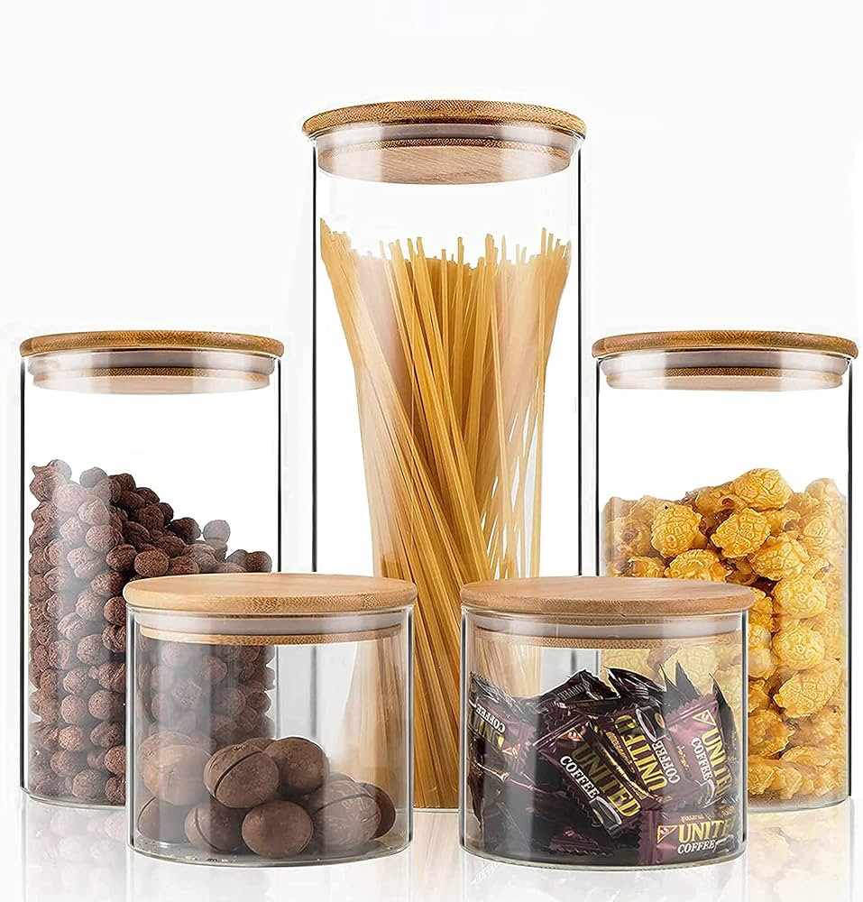 Glass Food Storage Jars Set of 5,Glass Storage Containers Clear Glass Food Canister with Bamboo L... | Amazon (US)