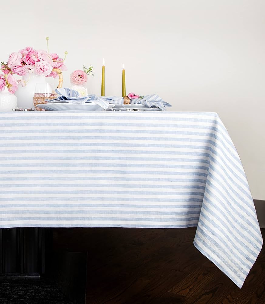 Solino Home Linen Tablecloth 60 x 108 Inch - Amalfi Stripe 100% Pure Linen Sky Blue and White Tab... | Amazon (US)