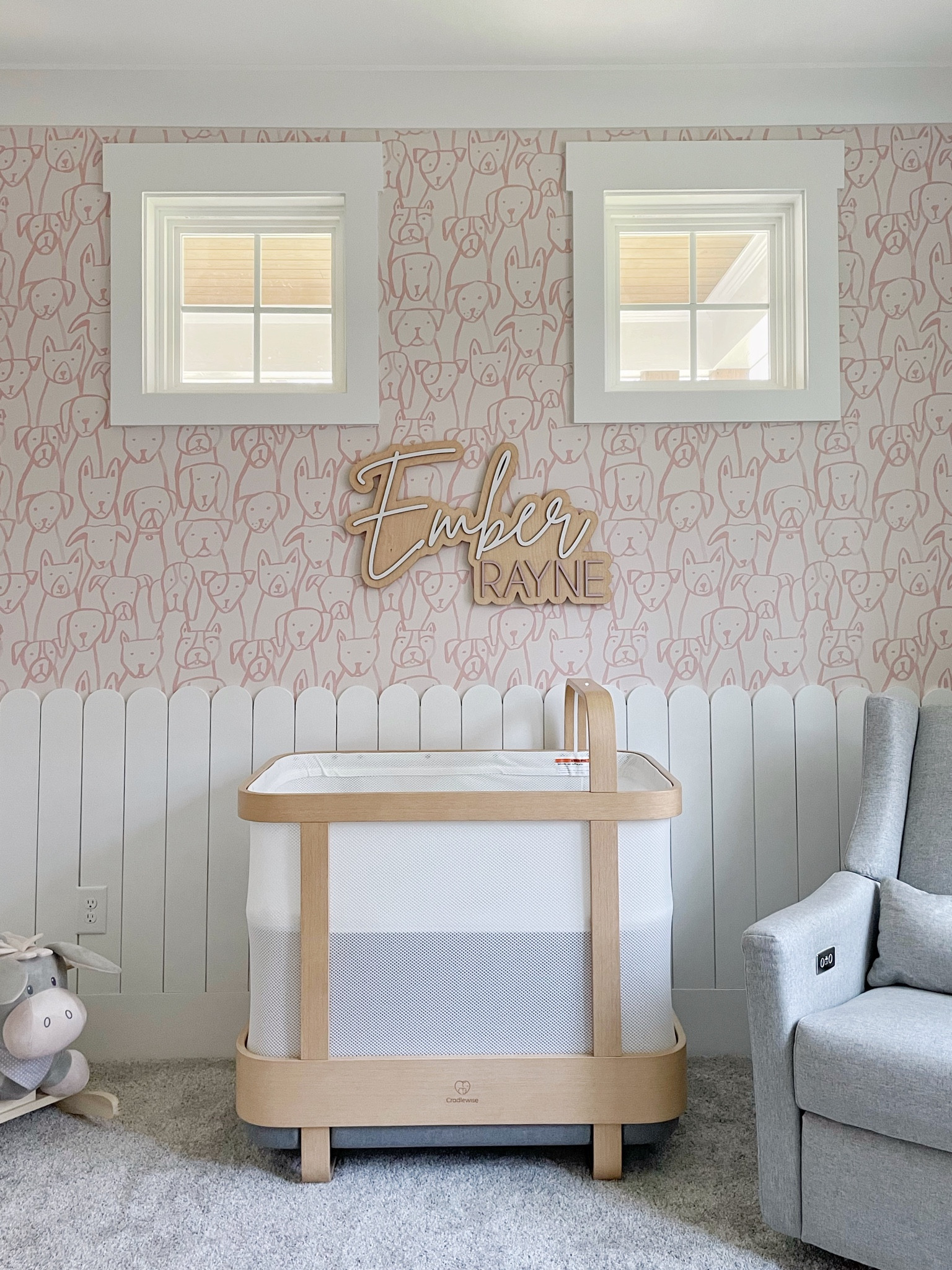 The cutest pink puppy nursery! 🐶

Wallpaper, glider, rocker, name sign.

#LTKbump #LTKbaby #LTKhome