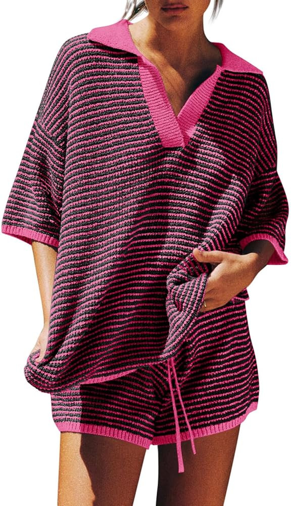 Tankaneo Womens Sweater Set 2 Piece Outfits Oversized 3/4 Sleeve V Neck Knit Tops High Waisted Sh... | Amazon (US)