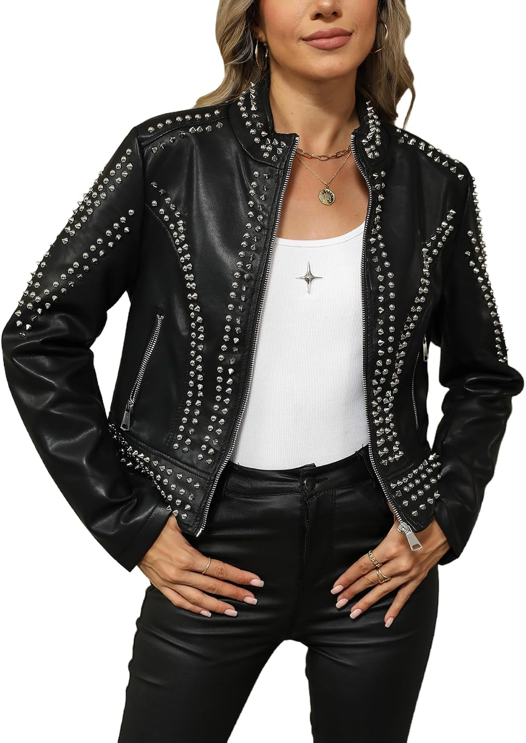 Bellivera Women's Faux Leather Moto Studded Rivet Casual Jacket | Amazon (US)