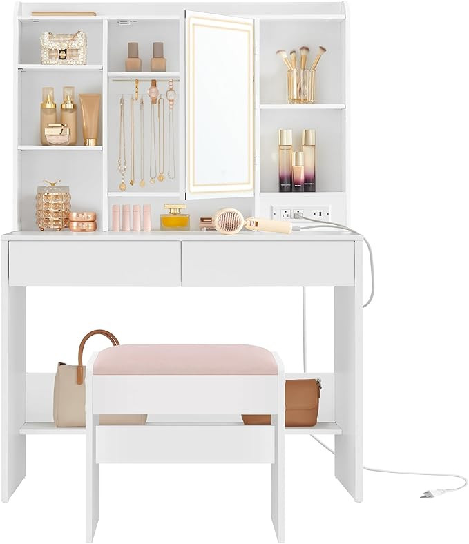 VASAGLE Vanity Desk with Power Outlets, Makeup Vanity with Mirror and Lights, Upholstered Vanity ... | Amazon (US)