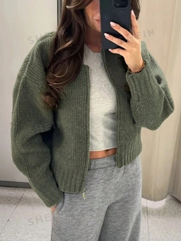 SHEIN EZwear Women's Solid Color Drop Shoulder Long Sleeve Zipper Front Cardigan, Fall & Winter | SHEIN