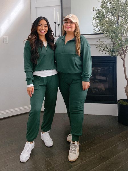 Ready to go to the airport with these perfect airport outfits.

Runs true to size, I am wearing a medium and Cindy a large.

Green pant set, jogger set, comfy outfit 

#LTKsalealert #LTKfindsunder50 #LTKshoecrush