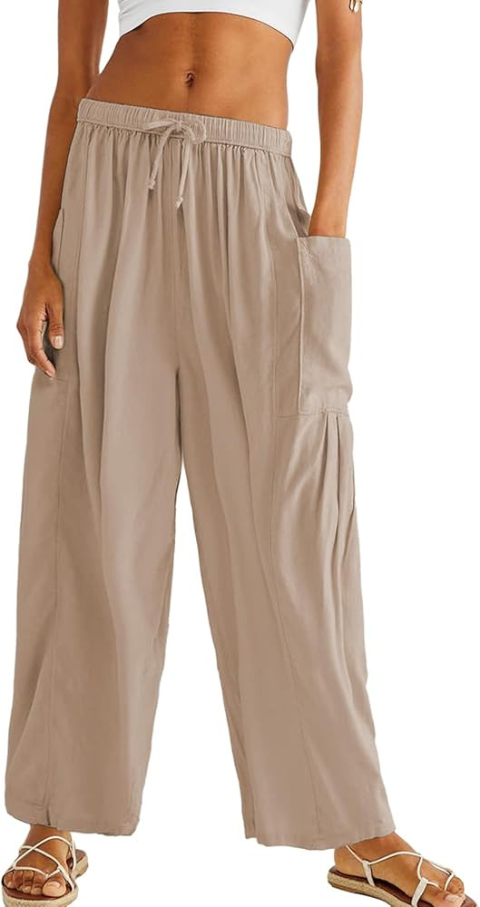 Duyang Women Linen Wide Leg Pants Casual Summer Palazzo Pants Beach Vacation Outfits Flowy Loose ... | Amazon (US)