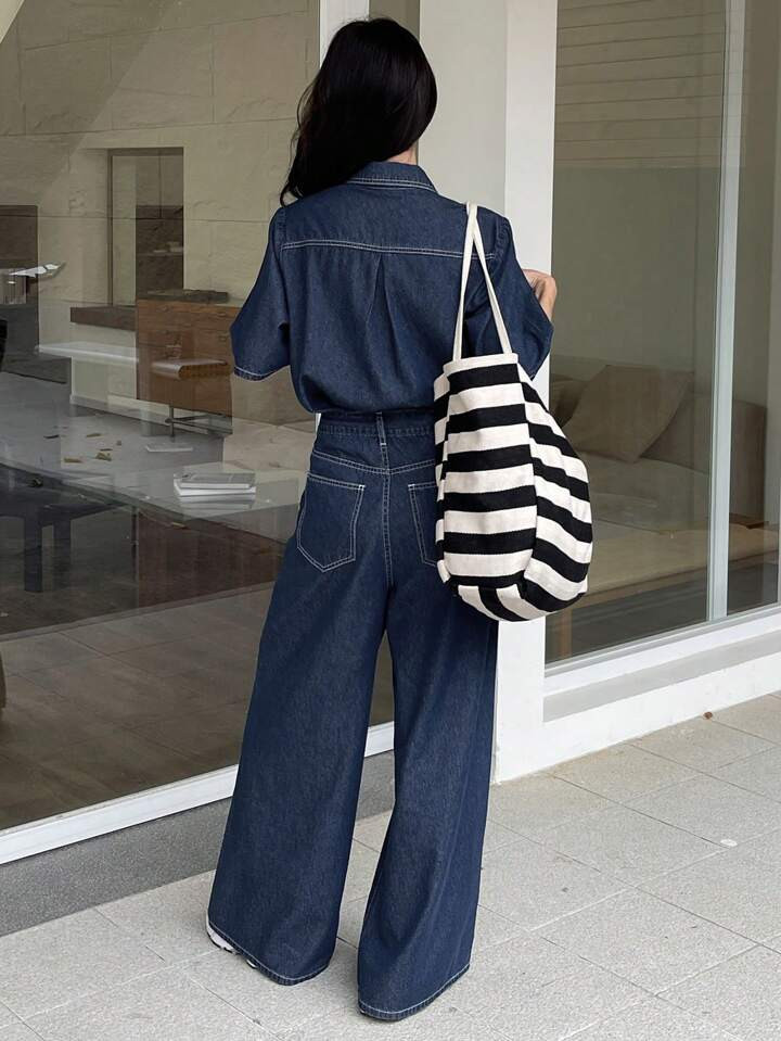 DAZY Conjunto de ropa de estilo occidental para mujer: blusa holgada de manga corta con pespuntes... | SHEIN